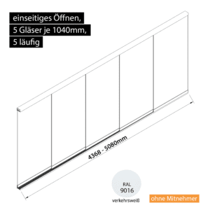 Glasschiebewand 5 läufig 5 Gläser je 1040mm einseitig öffenbar in verkehrsweiß RAL 9016