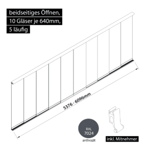 Glasschiebewand 5 läufig 10 Gläser je 640mm mit Mitnehmern für die Gläser beidseitig öffenbar in anthrazit/graphitgrau RAL 7024