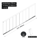 Glasschiebewand 5 läufig 10 Gläser je 640mm mit Mitnehmern für die Gläser beidseitig öffenbar in schwarz RAL 9005