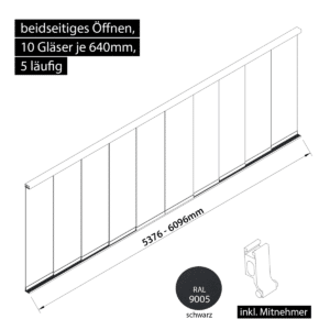 Glasschiebewand 5 läufig 10 Gläser je 640mm mit Mitnehmern für die Gläser beidseitig öffenbar in schwarz RAL 9005