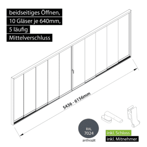 Glasschiebewand versperrbar 5 läufig 10 Gläser je 640mm mit Mitnehmern für die Gläser und Schloss beidseitig öffenbar in anthrazit/graphitgrau RAL 7024