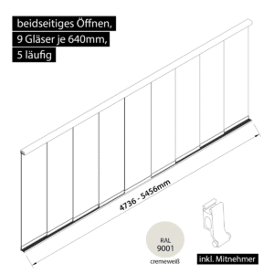 Glasschiebewand 5 läufig 9 Gläser je 640mm mit Mitnehmern für die Gläser beidseitig öffenbar in cremeweiß RAL 9001