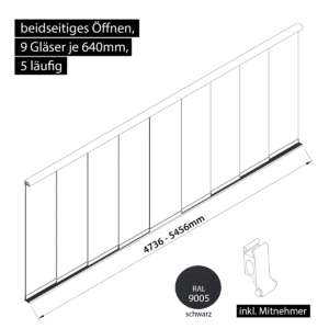 Glasschiebewand 5 läufig 9 Gläser je 640mm mit Mitnehmern für die Gläser beidseitig öffenbar in schwarz RAL 9005