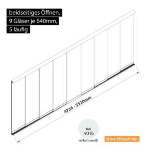 Glasschiebewand 5 läufig 9 Gläser je 640mm beidseitig öffenbar in verkehrsweiß RAL 9016