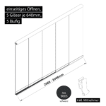 Glasschiebewand 5 läufig 5 Gläser je 640mm mit Mitnehmern für die Gläser einseitig öffenbar in schwarz RAL 9005