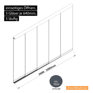 Glasschiebewand 5 läufig 5 Gläser je 640mm einseitig öffenbar in anthrazit/graphitgrau RAL 7024