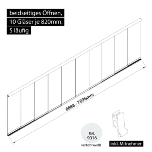 Glasschiebewand 5 läufig 10 Gläser je 820mm mit Mitnehmern für die Gläser beidseitig öffenbar in verkehrsweiß RAL 9016