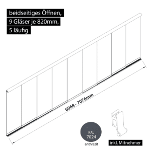 Glasschiebewand 5 läufig 9 Gläser je 820mm mit Mitnehmern für die Gläser beidseitig öffenbar in anthrazit/graphitgrau RAL 7024