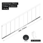 Glasschiebewand 5 läufig 9 Gläser je 820mm mit Mitnehmern für die Gläser beidseitig öffenbar in schwarz RAL 9005