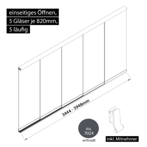 Glasschiebewand 5 läufig 5 Gläser je 820mm mit Mitnehmern für die Gläser einseitig öffenbar in anthrazit/graphitgrau RAL 7024