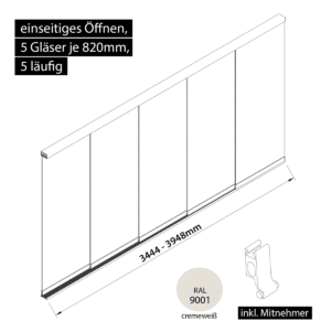 Glasschiebewand 5 läufig 5 Gläser je 820mm mit Mitnehmern für die Gläser einseitig öffenbar in cremeweiß RAL 9001