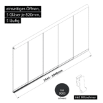 Glasschiebewand 5 läufig 5 Gläser je 820mm mit Mitnehmern für die Gläser einseitig öffenbar in schwarz RAL 9005