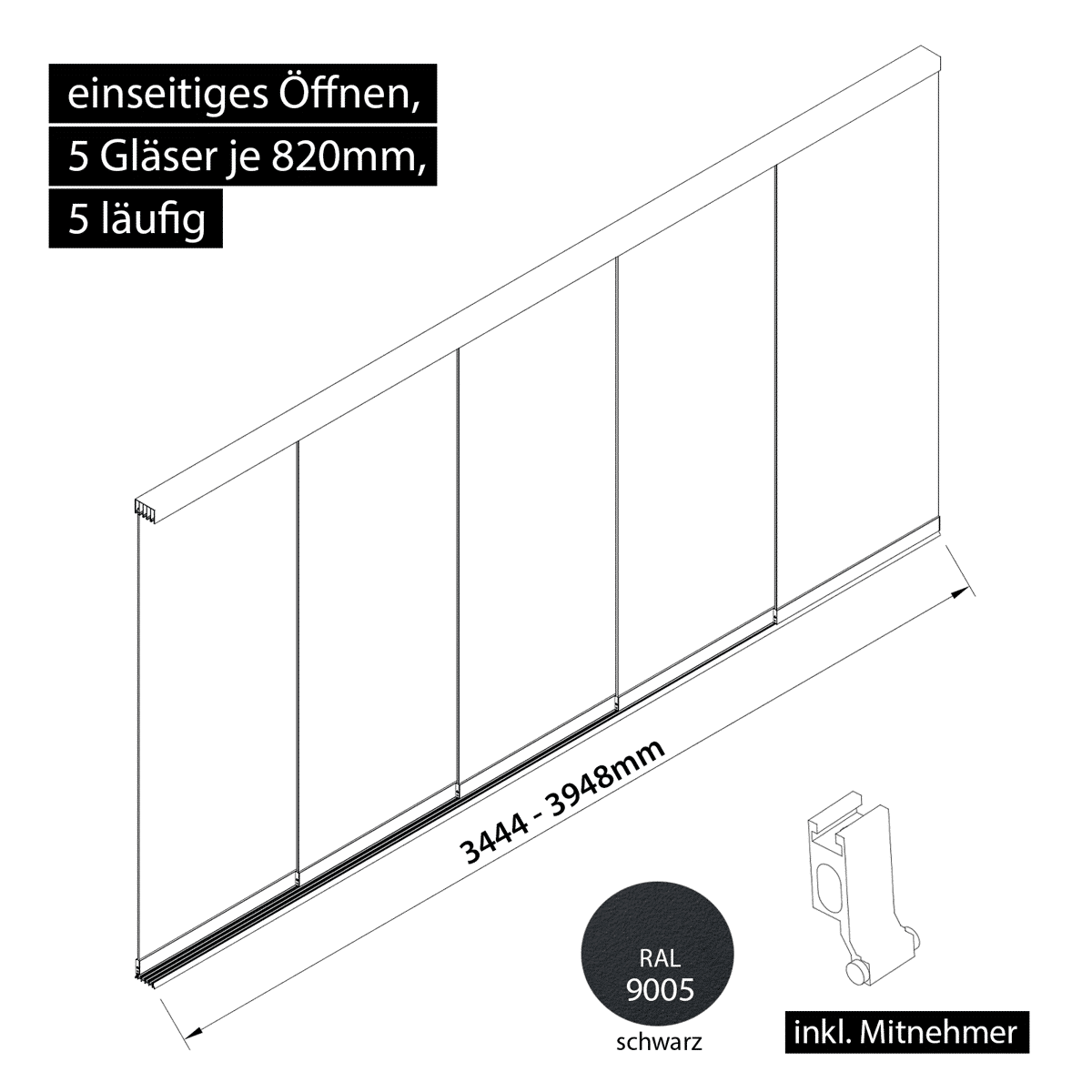 Glasschiebewand 5 läufig 5 Gläser je 820mm mit Mitnehmern für die Gläser einseitig öffenbar in schwarz RAL 9005