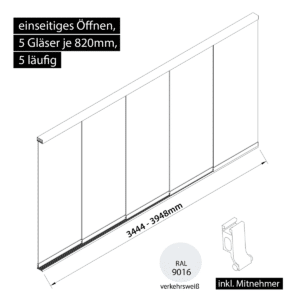 Glasschiebewand 5 läufig 5 Gläser je 820mm mit Mitnehmern für die Gläser einseitig öffenbar in verkehrsweiß RAL 9016