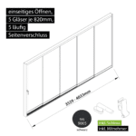 Glasschiebewand versperrbar 5 läufig 5 Gläser je 820mm mit Mitnehmern für die Gläser und Schloss einseitig öffenbar in schwarz RAL 9005