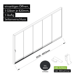 Glasschiebewand versperrbar 5 läufig 5 Gläser je 820mm mit Mitnehmern für die Gläser und Schloss einseitig öffenbar in schwarz RAL 9005