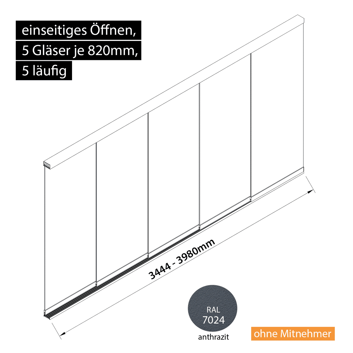 Glasschiebewand 5 läufig 5 Gläser je 820mm einseitig öffenbar in anthrazit/graphitgrau RAL 7024