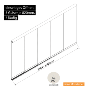 Glasschiebewand 5 läufig 5 Gläser je 820mm einseitig öffenbar in cremeweiß RAL 9001