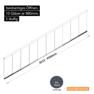 Glasschiebewand 5 läufig 10 Gläser je 980mm beidseitig öffenbar in anthrazit/graphitgrau RAL 7024