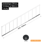 Glasschiebewand 5 läufig 10 Gläser je 980mm beidseitig öffenbar in schwarz RAL 9005