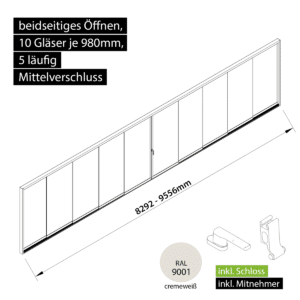 Glasschiebewand versperrbar 5 läufig 10 Gläser je 980mm mit Mitnehmern für die Gläser und Schloss beidseitig öffenbar in cremeweiß RAL 9001