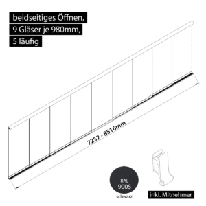 Glasschiebewand 5 läufig 9 Gläser je 980mm mit Mitnehmern für die Gläser beidseitig öffenbar in schwarz RAL 9005