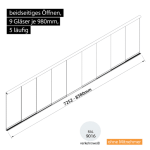 Glasschiebewand 5 läufig 9 Gläser je 980mm beidseitig öffenbar in verkehrsweiß RAL 9016