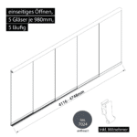 Glasschiebewand 5 läufig 5 Gläser je 980mm mit Mitnehmern für die Gläser einseitig öffenbar in anthrazit/graphitgrau RAL 7024