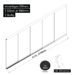 Glasschiebewand 5 läufig 5 Gläser je 980mm mit Mitnehmern für die Gläser einseitig öffenbar in schwarz RAL 9005