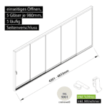 Glasschiebewand versperrbar 5 läufig 5 Gläser je 980mm mit Mitnehmern für die Gläser und Schloss einseitig öffenbar in cremeweiß RAL 9001