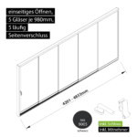 Glasschiebewand versperrbar 5 läufig 5 Gläser je 980mm mit Mitnehmern für die Gläser und Schloss einseitig öffenbar in schwarz RAL 9005