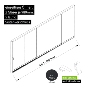 Glasschiebewand versperrbar 5 läufig 5 Gläser je 980mm mit Mitnehmern für die Gläser und Schloss einseitig öffenbar in schwarz RAL 9005