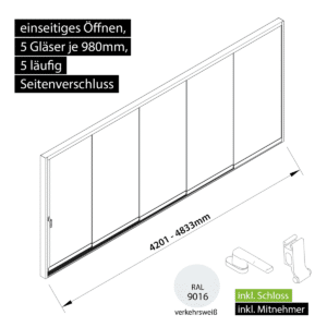 Glasschiebewand versperrbar 5 läufig 5 Gläser je 980mm mit Mitnehmern für die Gläser und Schloss einseitig öffenbar in verkehrsweiß RAL 9016