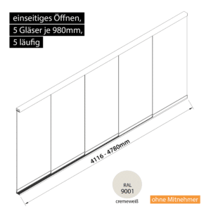 Glasschiebewand 5 läufig 5 Gläser je 980mm einseitig öffenbar in cremeweiß RAL 9001