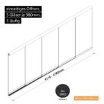 Glasschiebewand 5 läufig 5 Gläser je 980mm einseitig öffenbar in schwarz RAL 9005