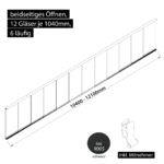 Glasschiebewand 6 läufig 12 Gläser je 1040mm mit Mitnehmern für die Gläser beidseitig öffenbar in schwarz RAL 9005