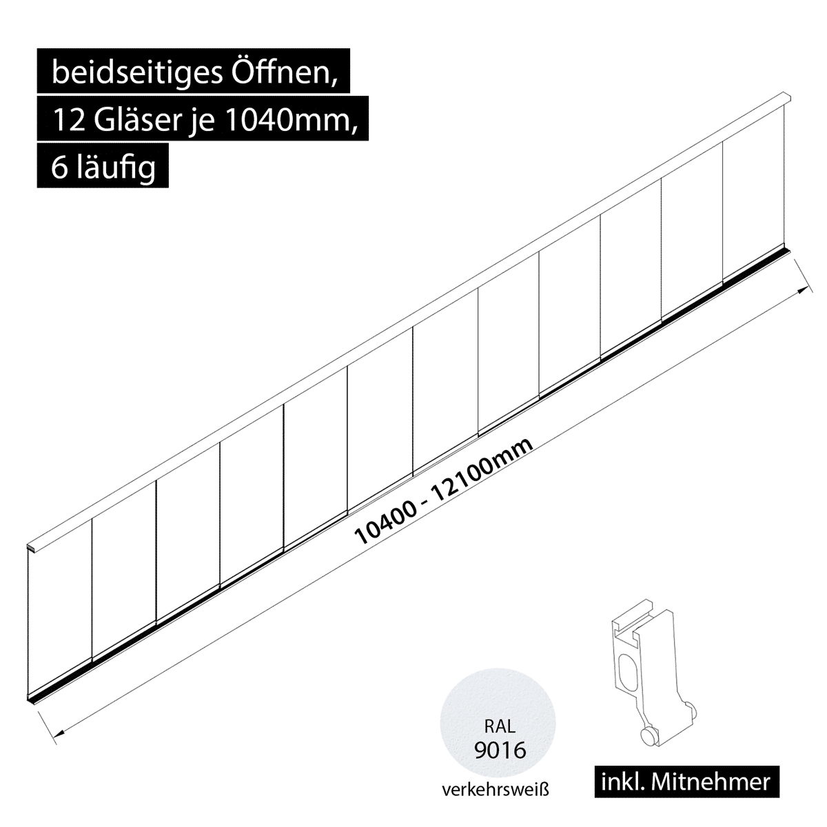 Glasschiebewand 6 läufig 12 Gläser je 1040mm mit Mitnehmern für die Gläser beidseitig öffenbar in verkehrsweiß RAL 9016