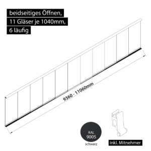 Glasschiebewand 6 läufig 11 Gläser je 1040mm mit Mitnehmern für die Gläser beidseitig öffenbar in schwarz RAL 9005