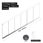 Glasschiebewand 6 läufig 6 Gläser je 1040mm mit Mitnehmern für die Gläser einseitig öffenbar in anthrazit/graphitgrau RAL 7024