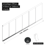 Glasschiebewand 6 läufig 6 Gläser je 1040mm mit Mitnehmern für die Gläser einseitig öffenbar in schwarz RAL 9005