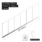 Glasschiebewand 6 läufig 6 Gläser je 1040mm mit Mitnehmern für die Gläser einseitig öffenbar in verkehrsweiß RAL 9016