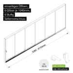 Glasschiebewand versperrbar 6 läufig 6 Gläser je 1040mm mit Mitnehmern für die Gläser und Schloss einseitig öffenbar in verkehrsweiß RAL 9016