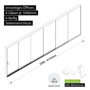 Glasschiebewand versperrbar 6 läufig 6 Gläser je 1040mm mit Mitnehmern für die Gläser und Schloss einseitig öffenbar in verkehrsweiß RAL 9016