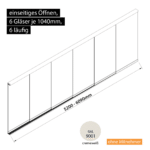 Glasschiebewand 6 läufig 6 Gläser je 1040mm einseitig öffenbar in cremeweiß RAL 9001