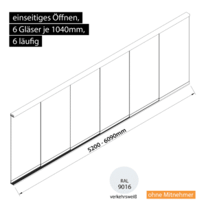 Glasschiebewand 6 läufig 6 Gläser je 1040mm einseitig öffenbar in verkehrsweiß RAL 9016