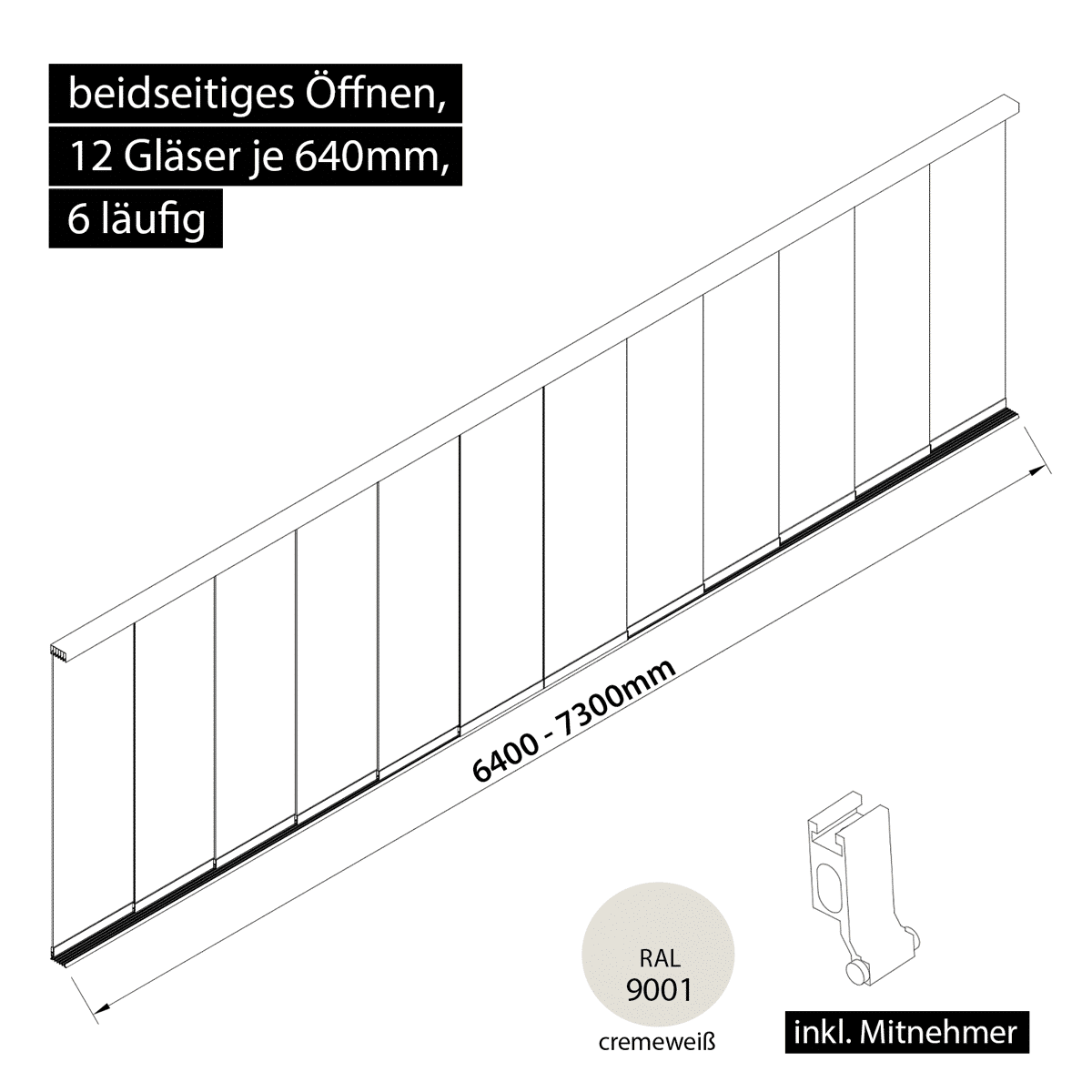 Glasschiebewand 6 läufig 12 Gläser je 640mm mit Mitnehmern für die Gläser beidseitig öffenbar in cremeweiß RAL 9001