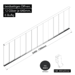 Glasschiebewand 6 läufig 12 Gläser je 640mm mit Mitnehmern für die Gläser beidseitig öffenbar in schwarz RAL 9005