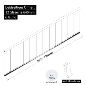 Glasschiebewand 6 läufig 12 Gläser je 640mm mit Mitnehmern für die Gläser beidseitig öffenbar in verkehrsweiß RAL 9016