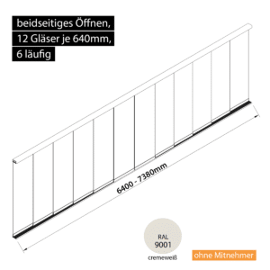 Glasschiebewand 6 läufig 12 Gläser je 640mm beidseitig öffenbar in cremeweiß RAL 9001