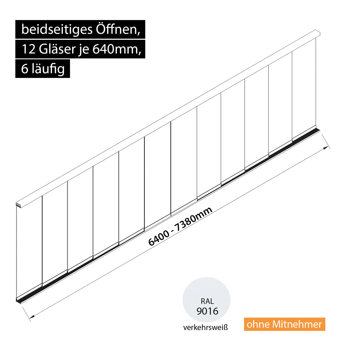 Glasschiebewand 6 läufig 12 Gläser je 640mm beidseitig öffenbar in verkehrsweiß RAL 9016